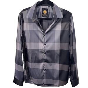 Platini Men's Shirt Modern Fit Plaid Digital Print Long Sleeve Dress Button Up M